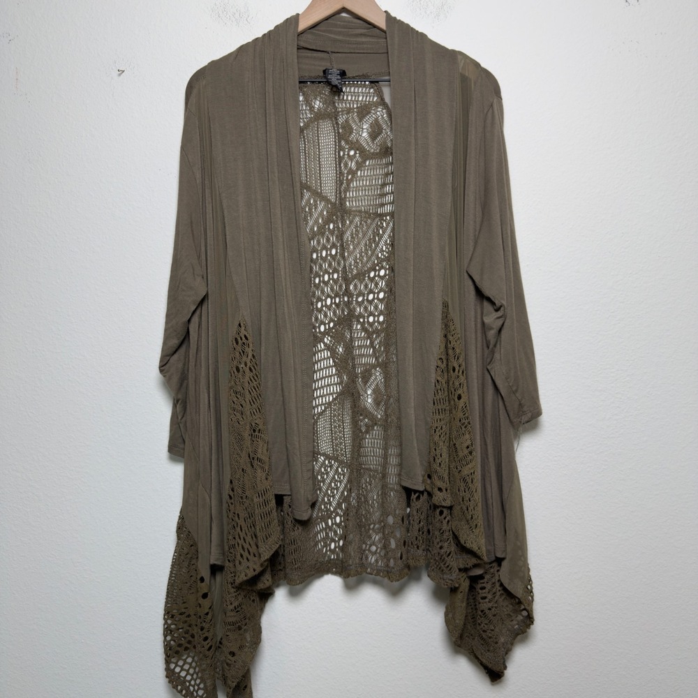 Lavanya Women Cardigan Top 2X Olive Green Crochet Lace Back Open Front Drape